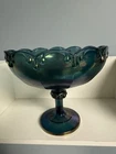 Vintage Teal Carnival Glass Pedestal Compote Bowl Iridescent Blue Green Teardrop