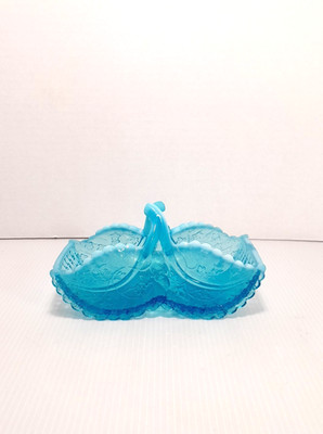 Antique Victorian Davidson? Opalescent Blue Glass Basket Maple Leaves