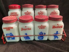 VTG Tipp City White Milk Glass 8 Jars and original Rack