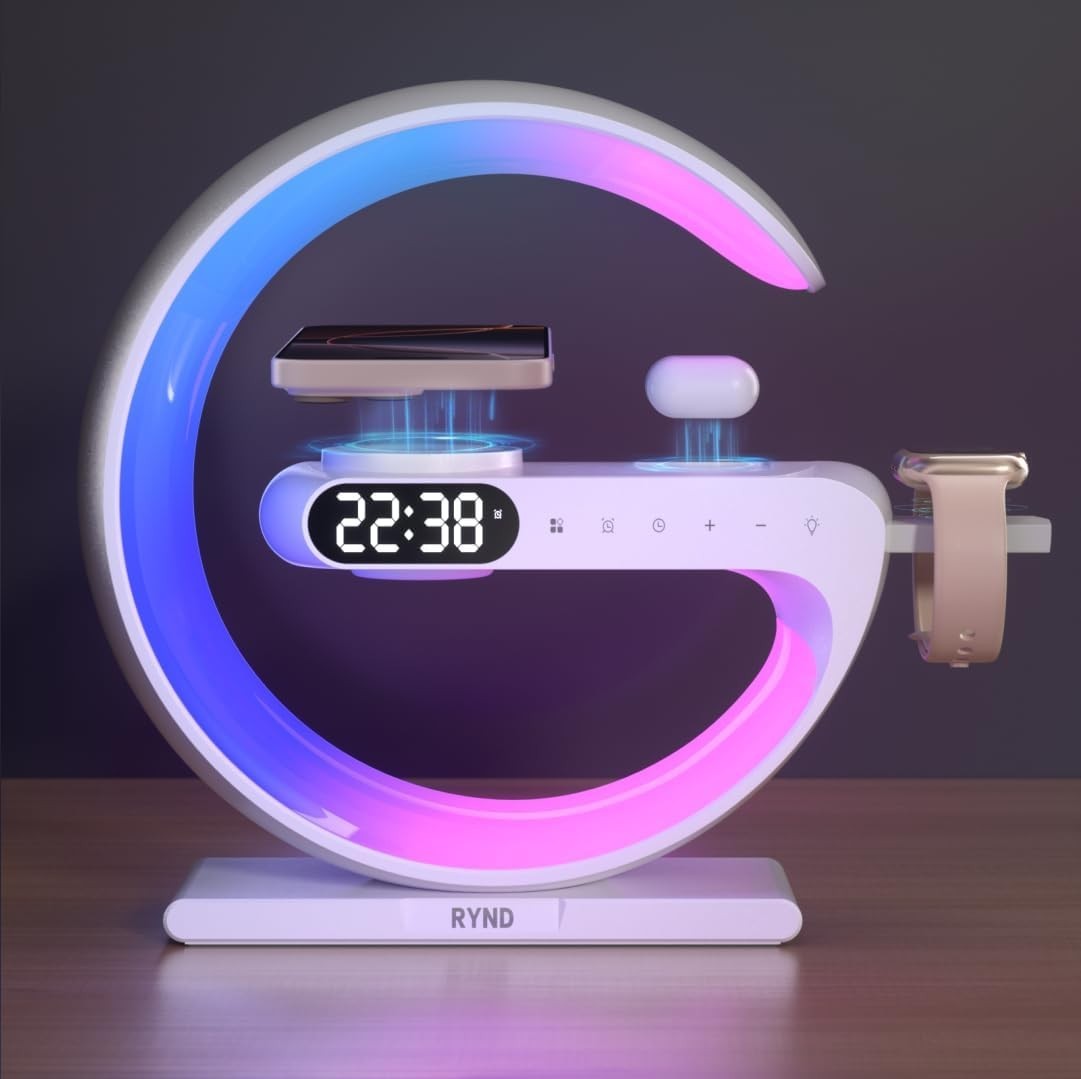 Magnetic 5 in 1 Speaker Alarm Clock with Wireless Charger, Bedside Lamp RGB LITE