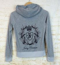Juicy Couture Hoodie Womens XS Gray Velour Rhinestone Jeweled Crest Zip Y2K