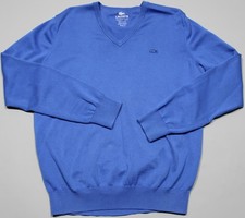 Lacoste Sweater Mens Large Blue V Neck Cotton Garment Dyed Pullover AH3396