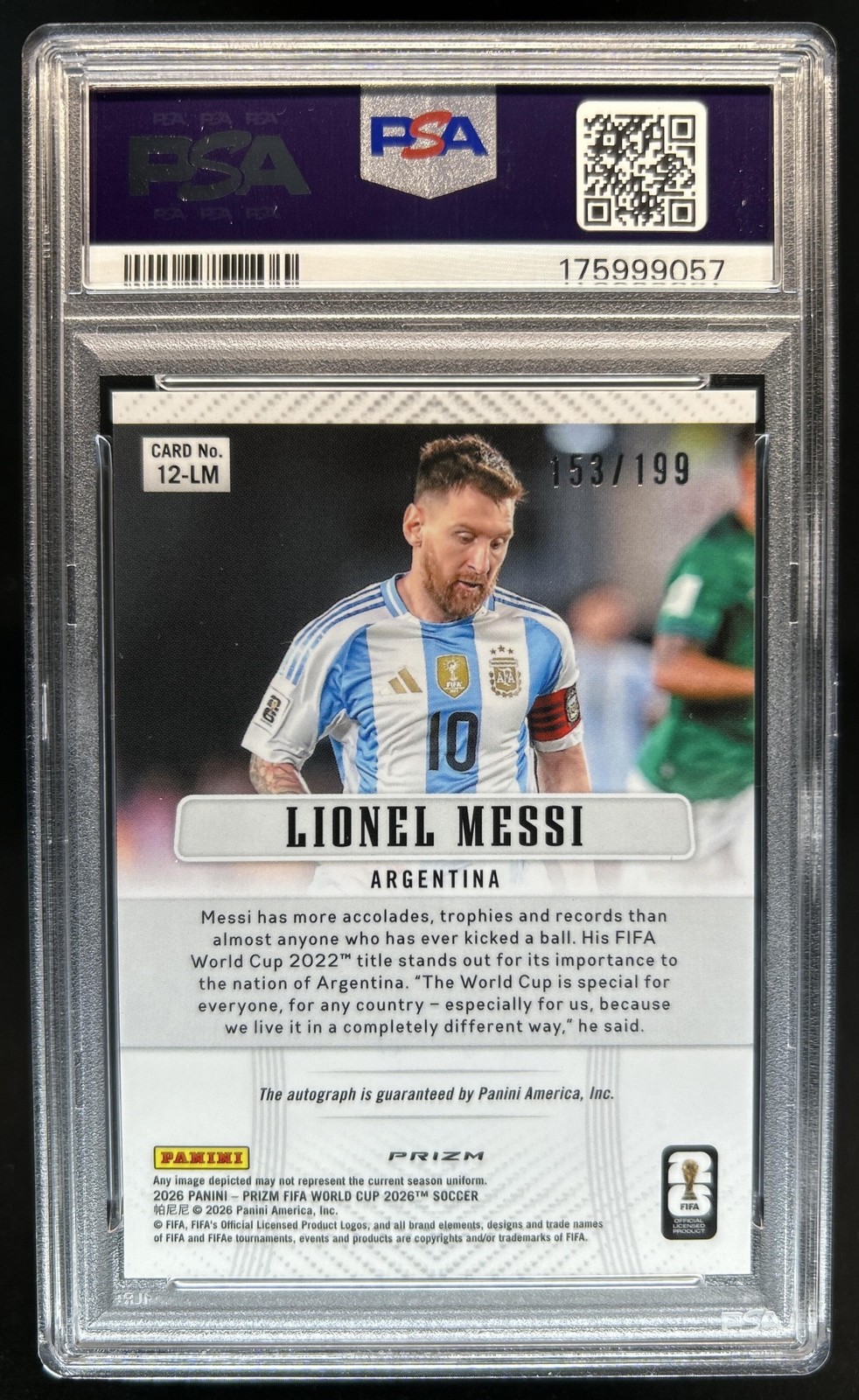 2026 Prizm World Cup Lionel Messi 2012 Throwback Silver Auto #/199 PSA 8 view 2