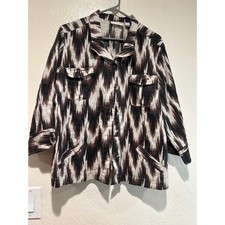 Chicos 100 Linen Ikat Print Shirt Jacket Brown Black Cream Womens Size 3 Large