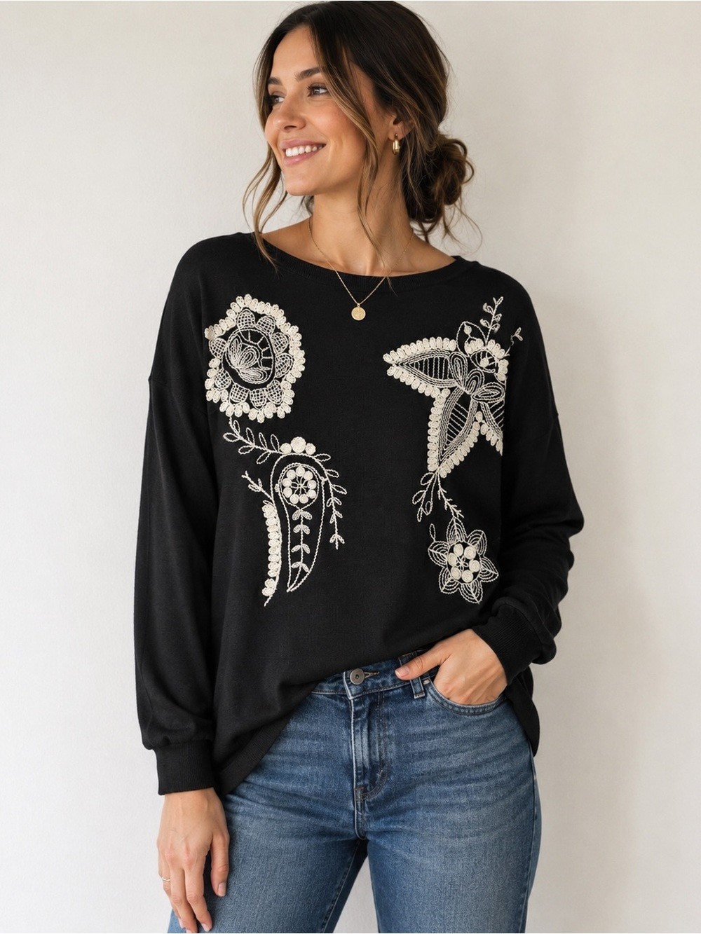 Chaps Black Lightweight Embroidered Floral Sweater Soft Knit Size M Cottagecore