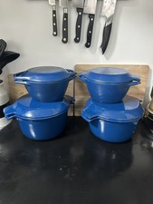 2x Vntg Copco Denmark D1 Cast Iron blue Enamel + Lid Cooking Pot Casserole 17cm