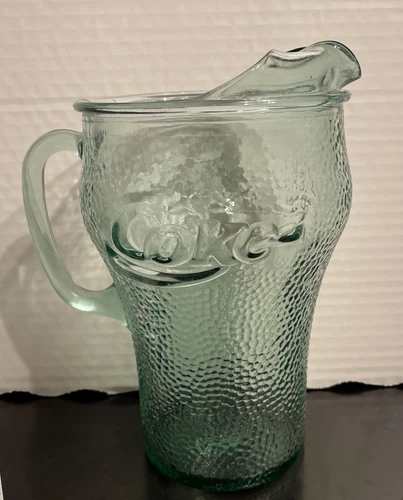 Vintage Heavy Green Pebbled Glass Coca-Cola / Coke  Pitcher 64 Oz w/ Ice Lip