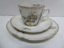 ANTIQUE VICTORIAN LOTUS FLOWER DRAGONFLY FISH PORCELAIN TRIO CUP SAUCER PLATE