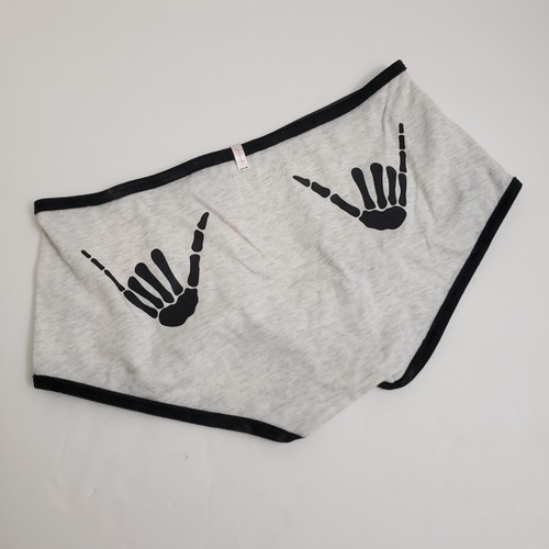 NWT Small VS Pink Light Gray w/ Black Trim Boyshorts - Skelton Hand On Back