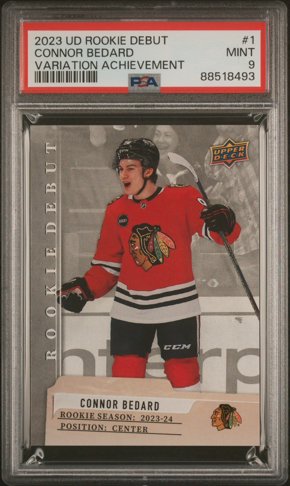 2023-24 UPPER DECK ROOKIE DEBUT #1 CONNOR BEDARD VARIATION ACHIEVEMENT 1 PSA 9