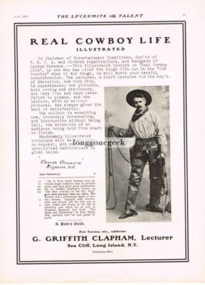 1907 G Griffith Clapham Real Cowboy Life Lyceum Chautauqua Vintage Print Ad