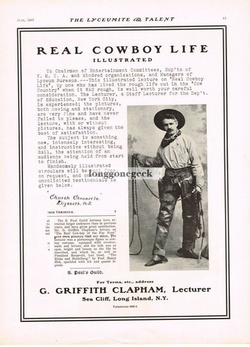 1907 G Griffith Clapham Real Cowboy Life Lyceum Chautauqua Vintage Print Ad