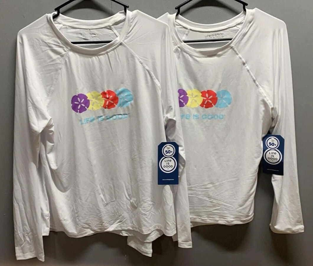 2PK Life Is Good Ladies Long Sleeve Sunshirt UPF 50+ ~ Row Of Hibiscus ~ X-Large