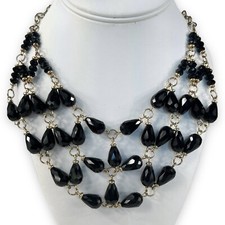 Vintage 1990s Gold Tone Black Faceted Teardrop Beaded Bib Statement Necklace
