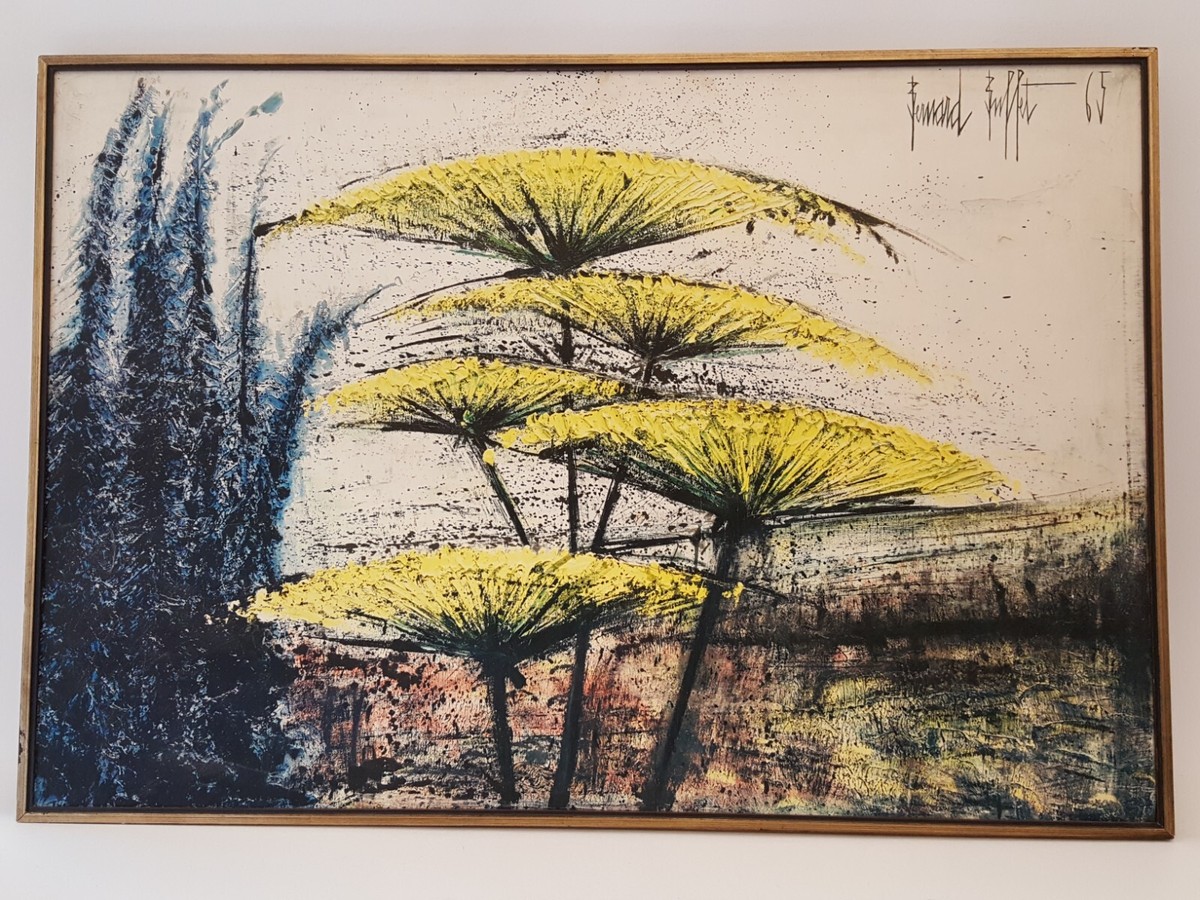 Vintage 1965 Bernard Buffet MCM abstract flower print 22x32