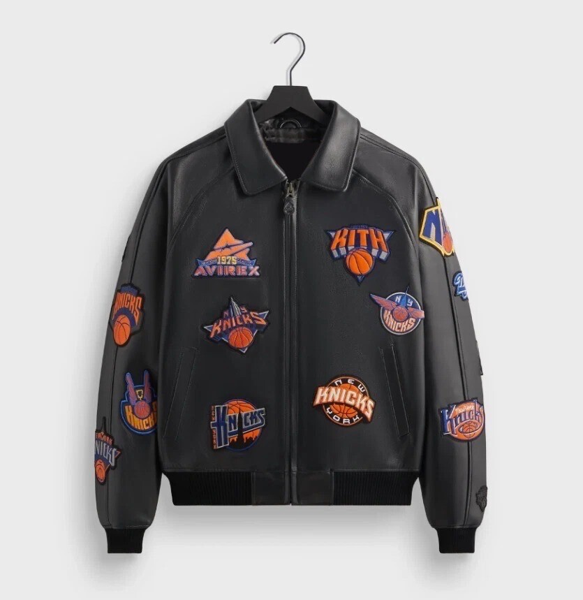 Kith & AVIREX Leather Jacket New York Knicks Icon Patches Black Jacket All Sizes image 2