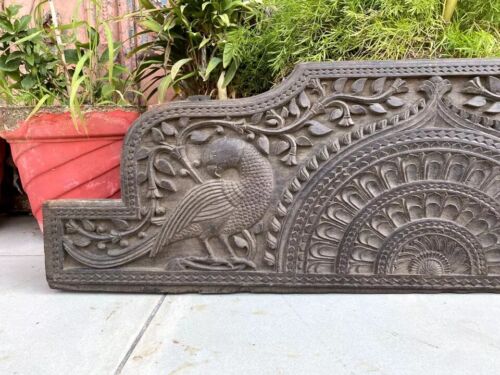 1700's Ancient Black WoodPatan Jain Temple Peacock Floral Figure Wall Door Panel - Picture 3 of 12