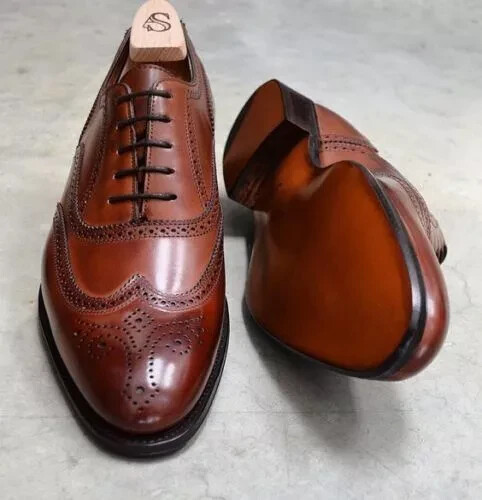 Goodyear Welted Mens Brown Leather Oxford Brogue Wingtip Lace Up Dress Shoes