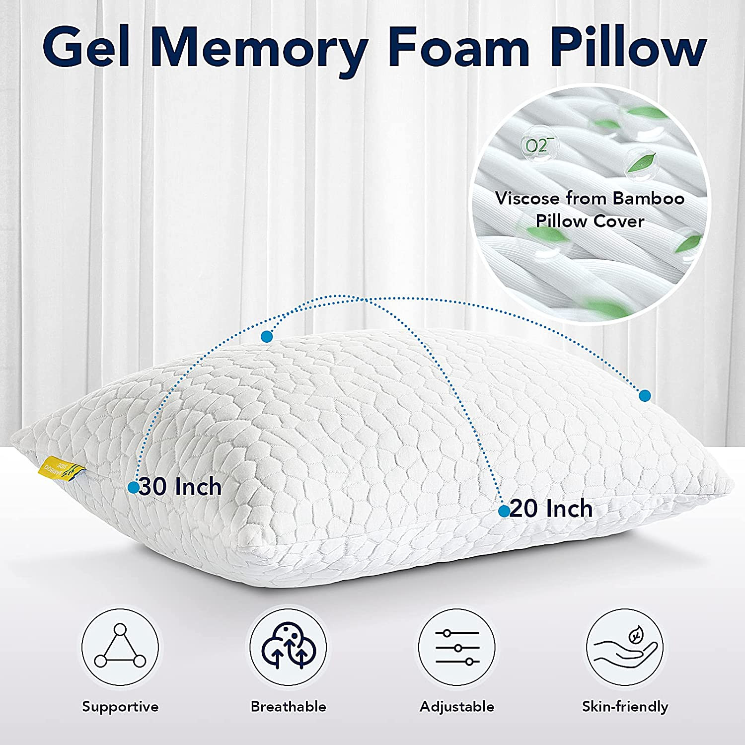 Shredded Memory Foam Pillows for Sleeping Cooling Bamboo Pillow with Adjustable