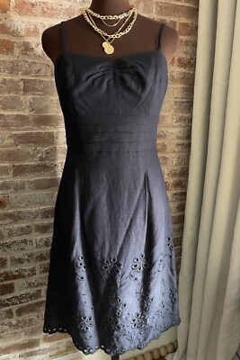 B Moss Navy Blue Linen Blend Sleeveless Tank Style Shift Dress Floral Eyelet