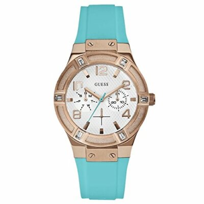 Turquoise and Gold Guess Watch Guess Turquoise rubber Strap Rose Gold Case Multifunction  main image 4