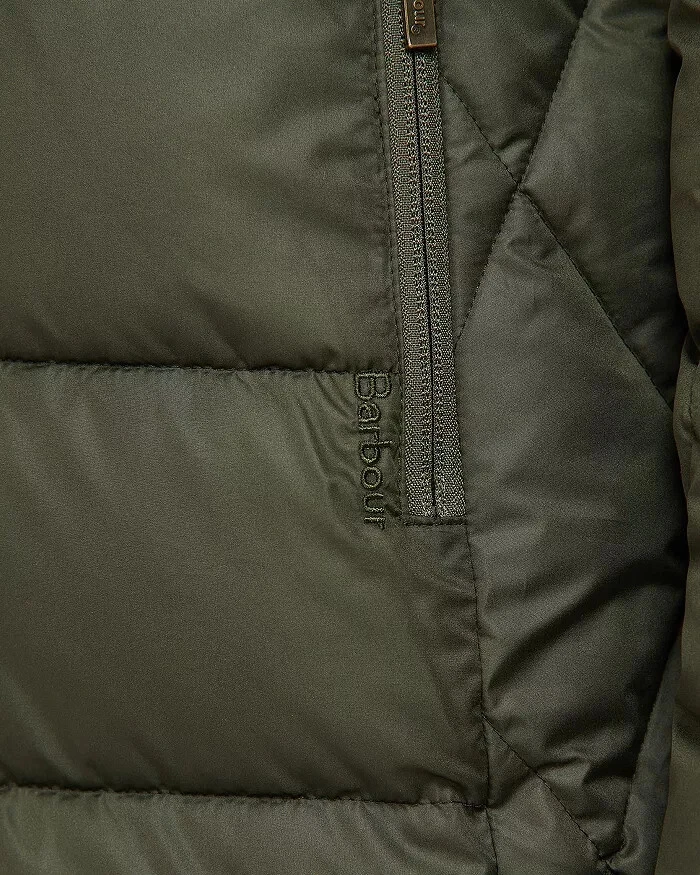 Barbour X2308 Womens Army Green Daffodil Faux Fur Trim Hooded Puffer Coat Size 6 - Image 3 of 4