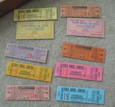 Lot of 10 Different Vintage 1960s Circus Tickets Unused Cole Bros Circus
