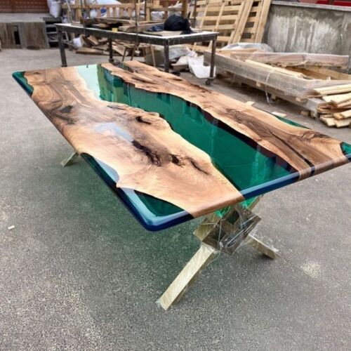 Glossy Green Epoxy Table Top Resin Wood Walnut Table Custom Order For Kitchen