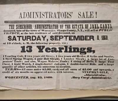 Historical Estate Auction 1860 Broadside Joel Caryl Worcester Ostego County NY 