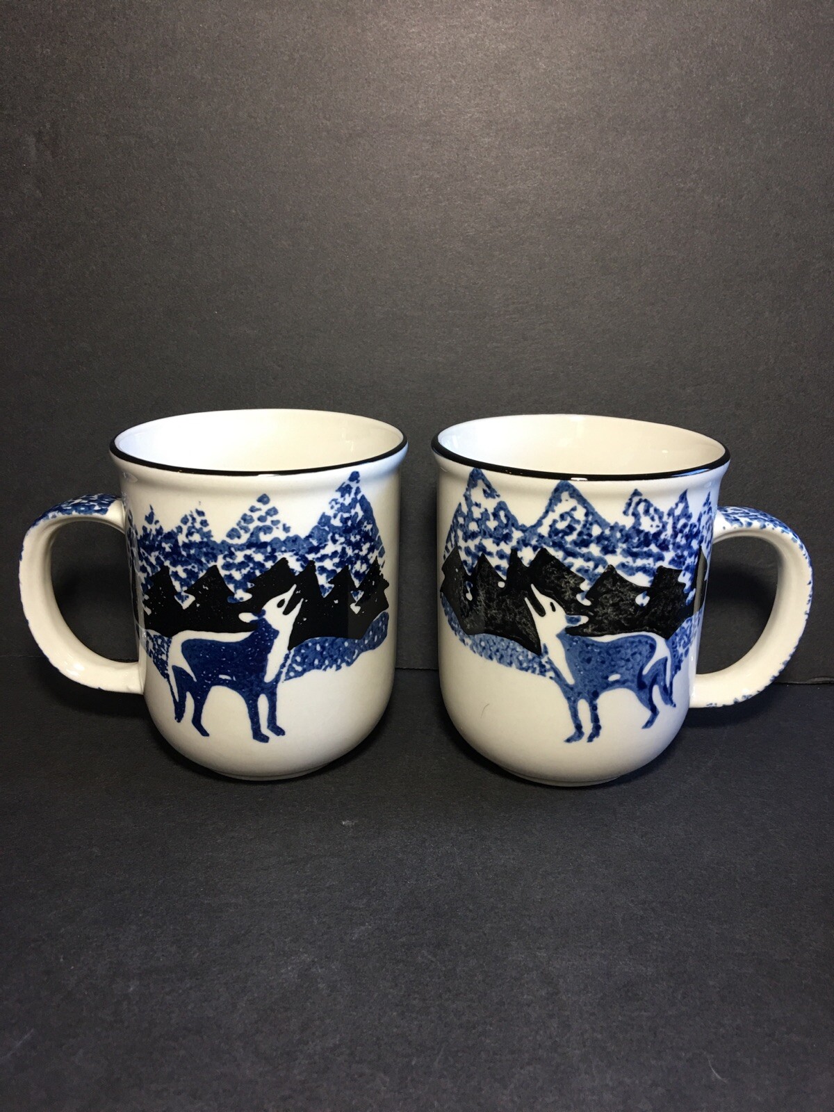Tienshan Folk Craft Wolf Coffee Mugs Tea Cups 2 Count Lodge Cabin Blue