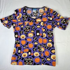 SCRUB HQ Halloween Scrub Top Purple Black Cats Candy Corn medical dental vet S