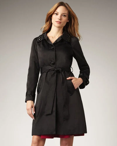 Cappotto trench Kate Spade nero raso peytra perline gioiello perline nuovo con etichette $675 taglia M