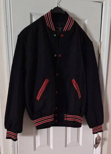 (B - 11) HOLLOWAY BLACK VARSITY JACKET WITH BLACK WOOL SLEEVES SIZE 2X-LARGE video thumbnail