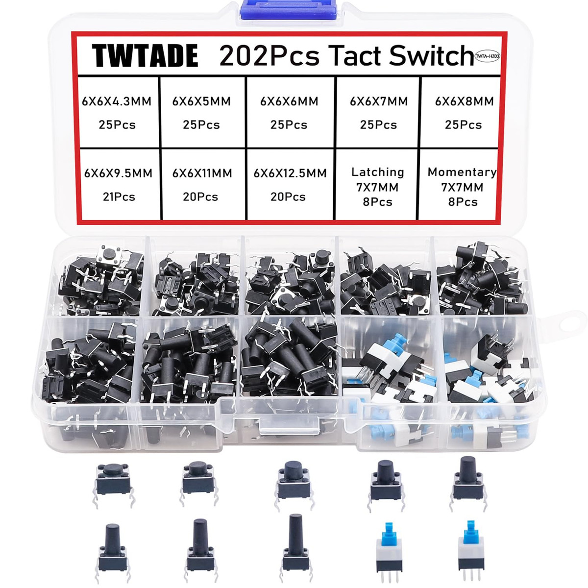 202PCS Micro Momentary Tactile Push Button Switch Assortment Kit 10 Values 4 Pin