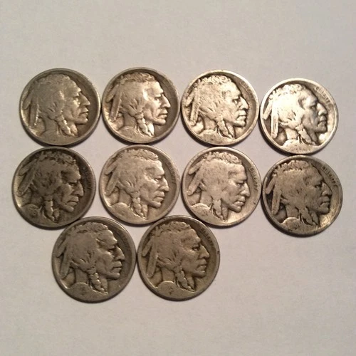 LOT OF 10 BUFFALO NICKELS FREE SHIP 1913 T1 1915-D 1916-D 1918-S 1923-S ALL X2