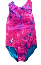 GK Elite Gymnastics Leotard; Pretty Pink  Blue Floral Print; NWOT, Child Small