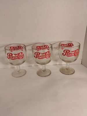 3 Pepsi Cola Stemmed Goblets Vintage 70s 6'' Tall Heavy Glass 16oz Thumbprint