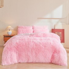 Fluffy Plush Comforter Cover Set, Luxury Ultra Soft Faux Fur Bedding Queen Pink