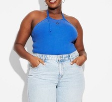 Women  s Wild Fable Heart Embellished Blue Halter Bodysuit Size S NWT