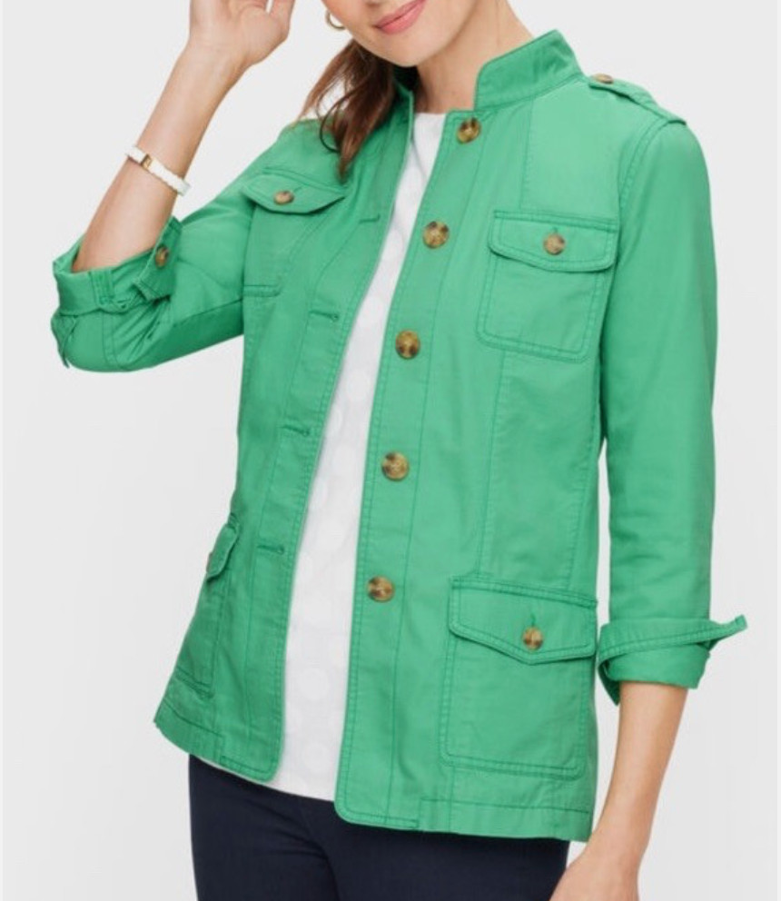 TALBOTS Cotton Canvas BUTTON-UP JACKET Bright Green w/Pockets Safari/Military L