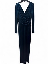 Size 2 aqEliza J Green Velvet Dress Long Sleeve Long Gown with V NeckLine