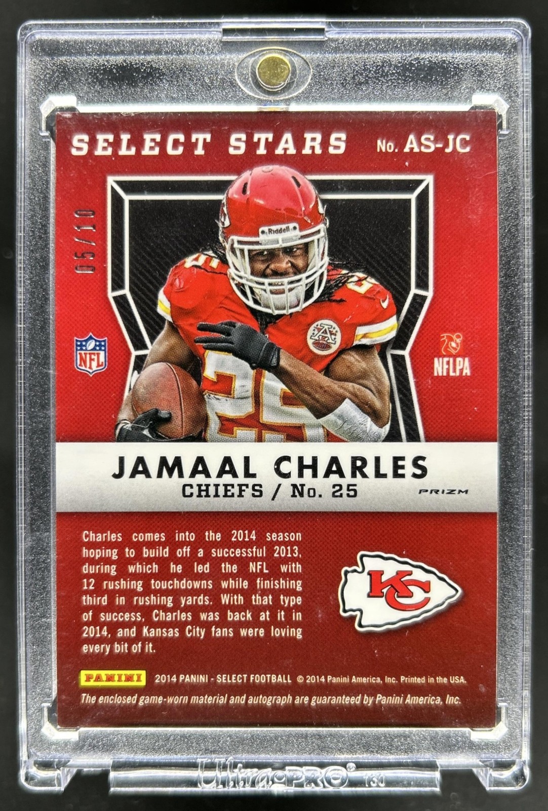 2014 Panini Select Jamaal Charles Stars Patch Auto Prizm Gold Prime #/10 Chiefs view 2