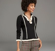 Cabi Sweater Womens Medium Black White Adorn Pullover Ivory Ruffle Ribbon Trim