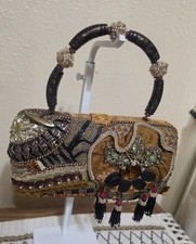 Mary Frances Green Gold Satin Patchwork Beaded Satchel Purse Bag Crystal Fringe