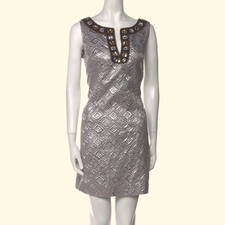 TORY BURCH Vintage Silver Metallic Brocade Embellished Shift Mini Dress