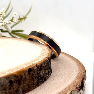 Christmas Gifts Ring 6mm Black & Rose Gold Tungsten Band Brushed Polished Edges