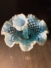 Fenton Epergne Horn & Base 6" Blue Aqua Opalescent Hobnail Nice