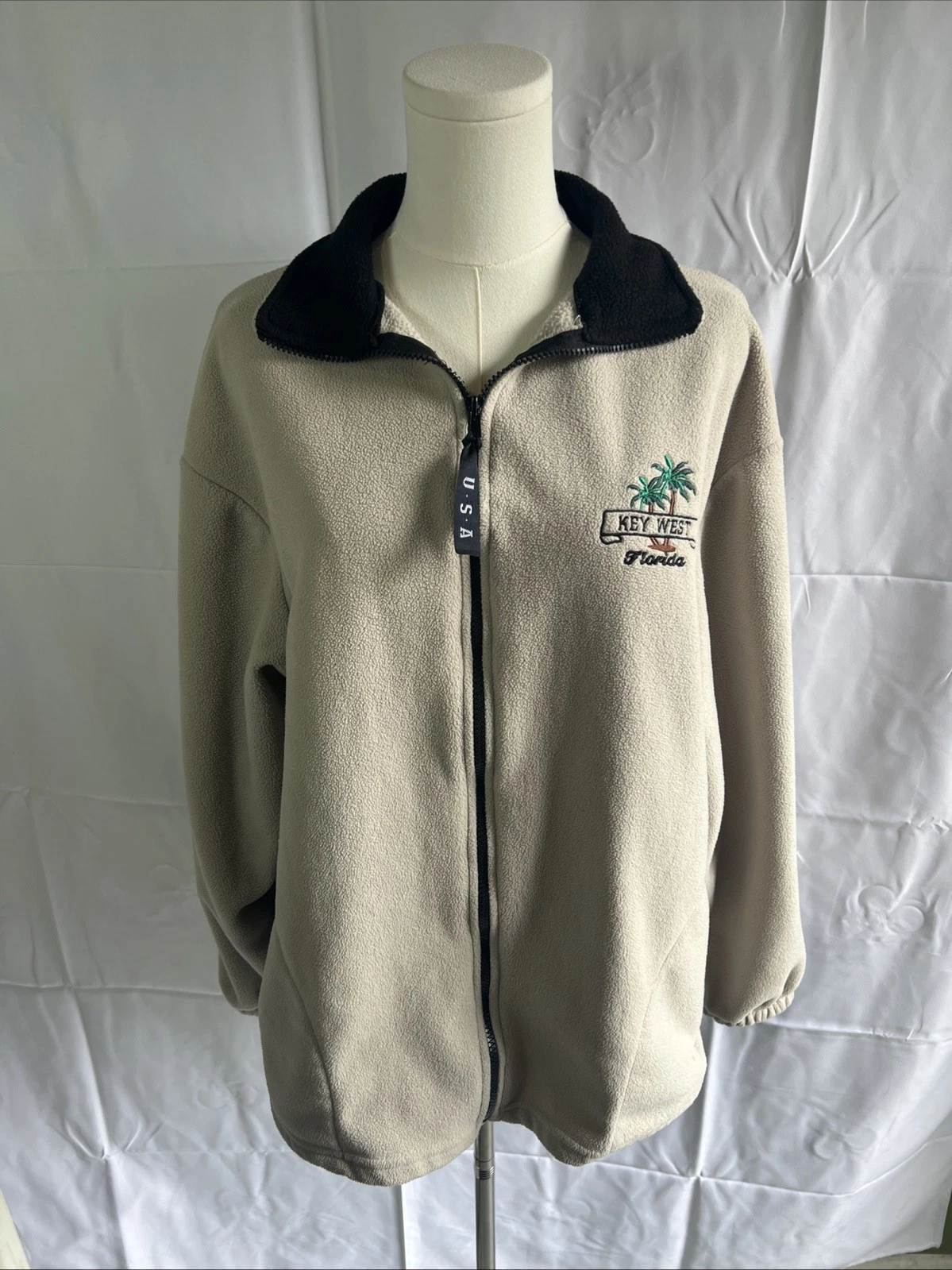 Vintage Made In USA Key West Florida Fleece Jacket Full Zip Beige Size Large