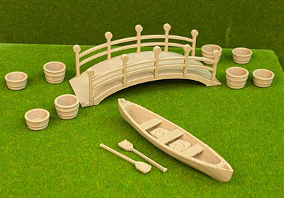 3D Printed Arched Footbridge, Wine Barrel Planters & Canoe Kit   O Scale 1:48