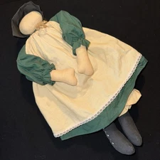 16” Primitive Prairie Amish Cloth Rag Doll Handmade Dark Green & Natural White